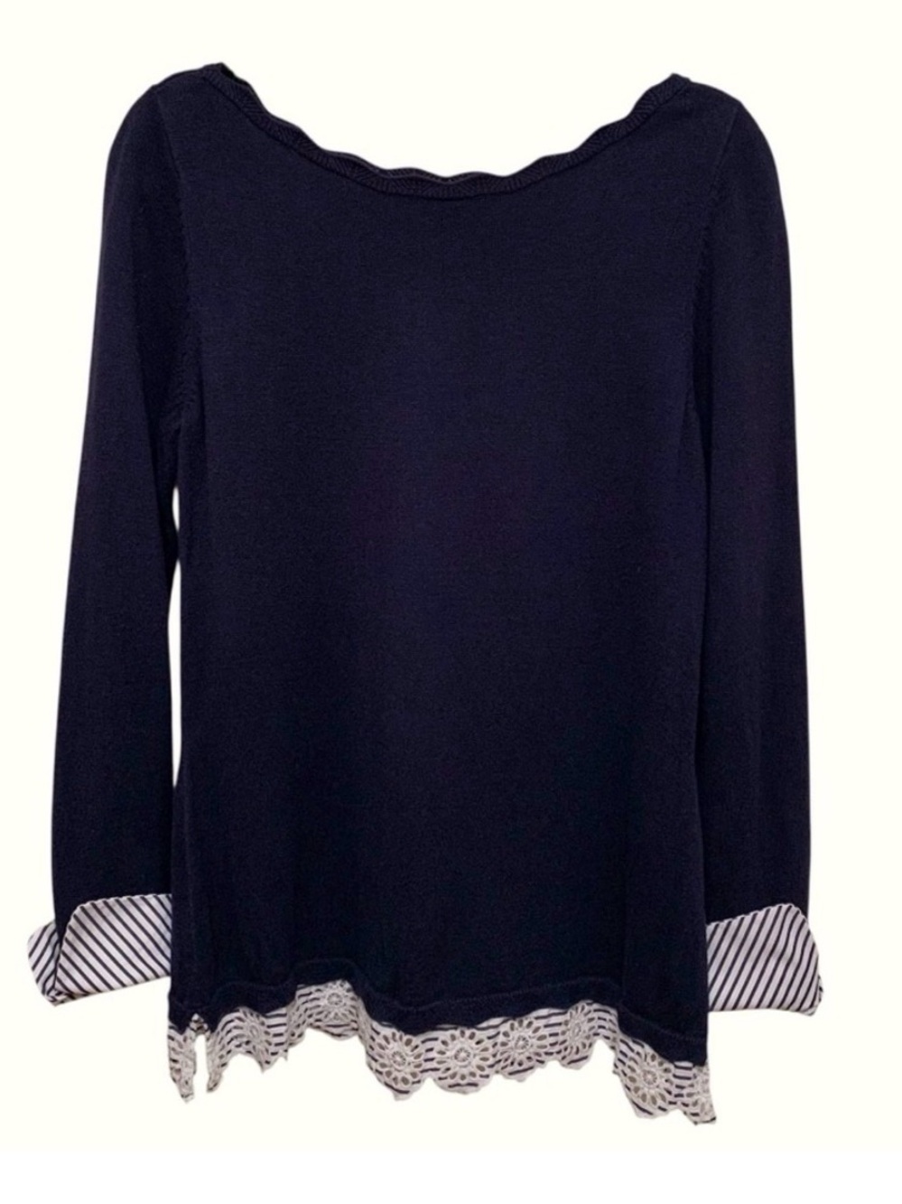White House Black Market Navy & White Striped Scallop edge Long Sleeve Sweater M